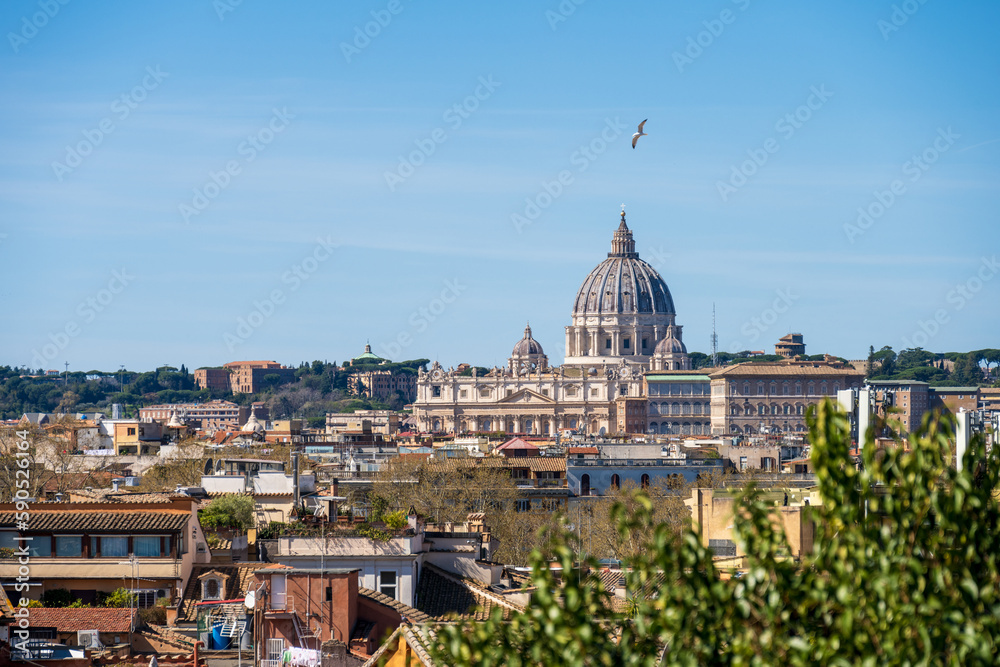Rom, Italien, Apr. 2023 Blickauf den Vatikan, den Petersdom und die Kuuppel des Doms, eine Möwe fligt vorbei
