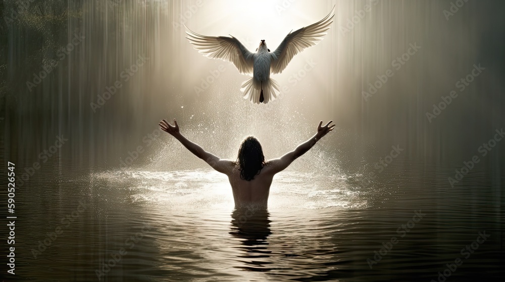 Illustration The baptism of Jesus Christ with the opening of heaven and the descent of a dove,  art background, Generative AI - obrazy, fototapety, plakaty 