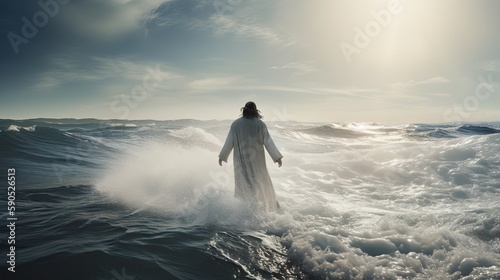 Illustration Jesus Christ Walking on Water, art background, Generative AI