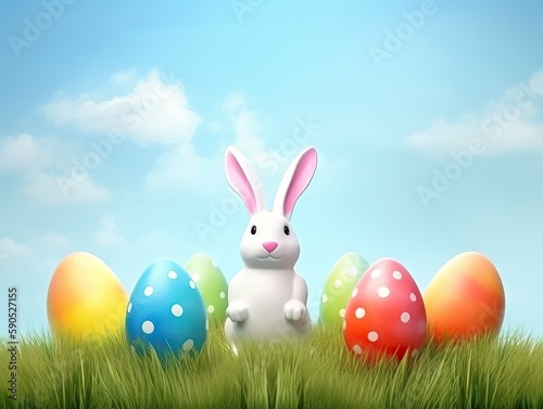 Little Bunny In Basket With Decorated Easter Eggs. Easter concept. Generative AI © Natee Meepian