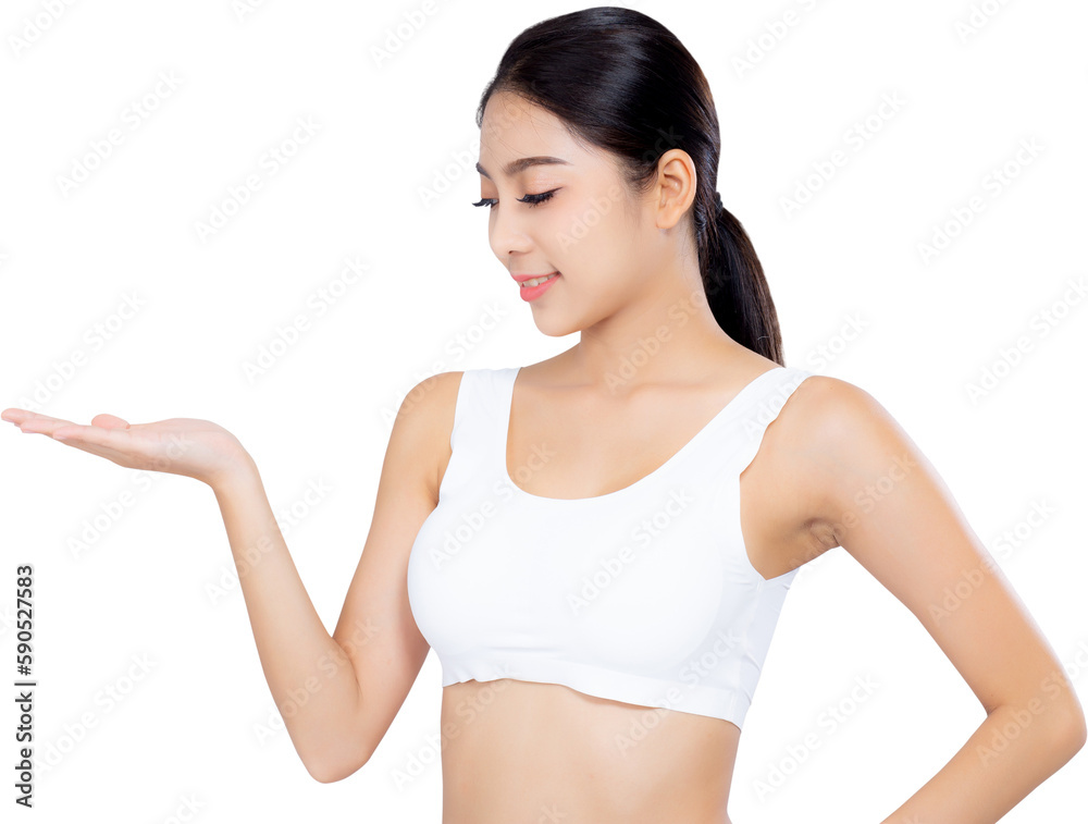 Portrait young asian woman smiling beautiful body diet with fit presenting something empty copy space on the hand, model girl weight slim with cellulite or calories, health and wellness concept. Portrait young asian woman smiling beautiful body diet with fit presenting something empty copy space on the hand, model girl weight slim with cellulite or calories, health and wellness concept.
