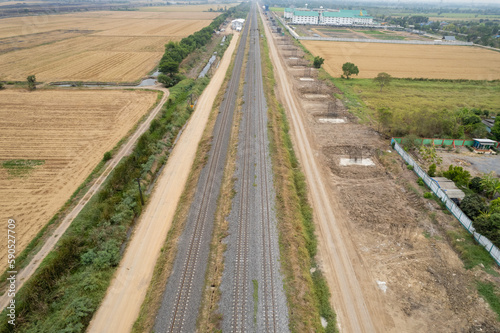 Aerial view from flying drone of railroad tracks