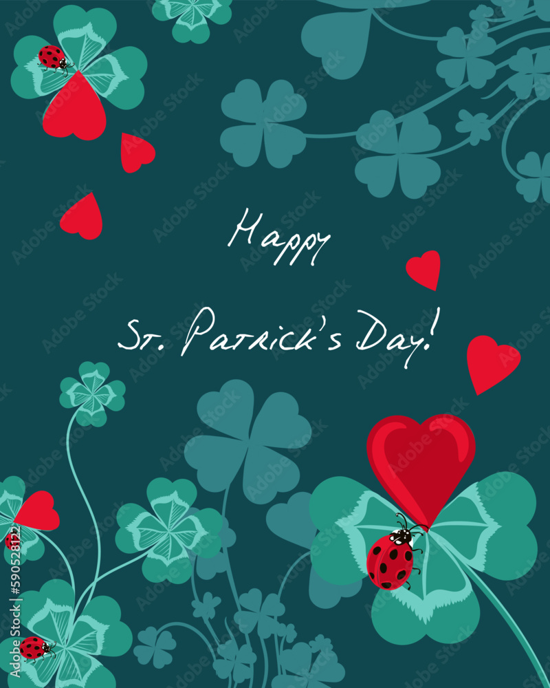 Pretty vector St. Patrick day card with clover and lady bugs