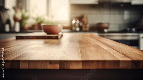 Empty wooden kitchen countertop with copy space over kitchen background.for product display montage. AI Generation.