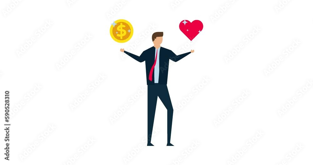4k animation of Work life balance, confuse businessman with big coin with the word work and life heart shape in other hand 4k animation of Work life balance, confuse businessman with big coin with the word work and life heart shape in other hand