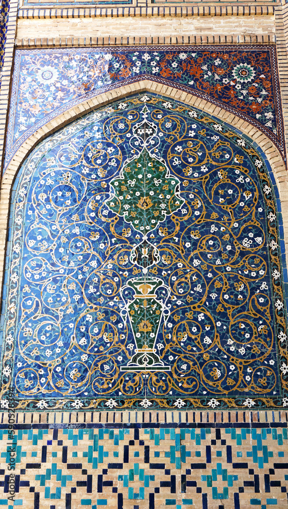 Ornamented tiles in a madrasah in Bukhara