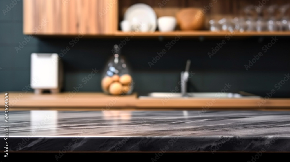 Obraz premium Empty marble countertop kitchen with copy space over kitchen background.for product display montage. AI generation.
