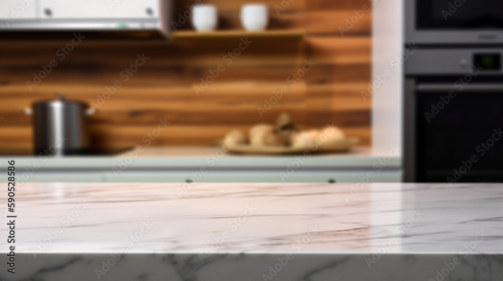 Empty marble countertop kitchen with copy space over kitchen background.for product display montage. AI generation.