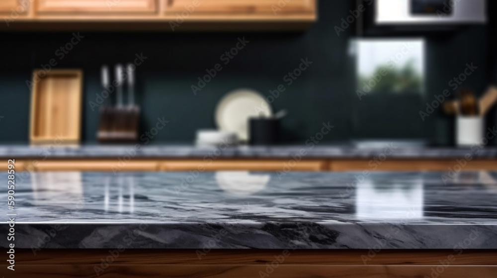 Empty marble countertop kitchen with copy space over kitchen background.for product display montage. AI generation. Empty marble countertop kitchen with copy space over kitchen background.for product display montage. AI generation.