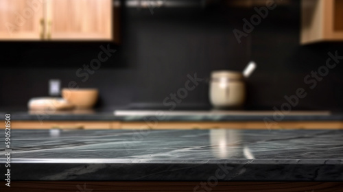 Empty marble countertop kitchen with copy space over kitchen background.for product display montage. AI generation.