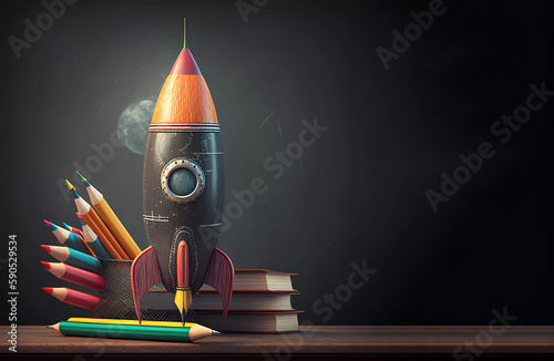 school. Pencils and rocket on the blackboard. Banner. Generative AI