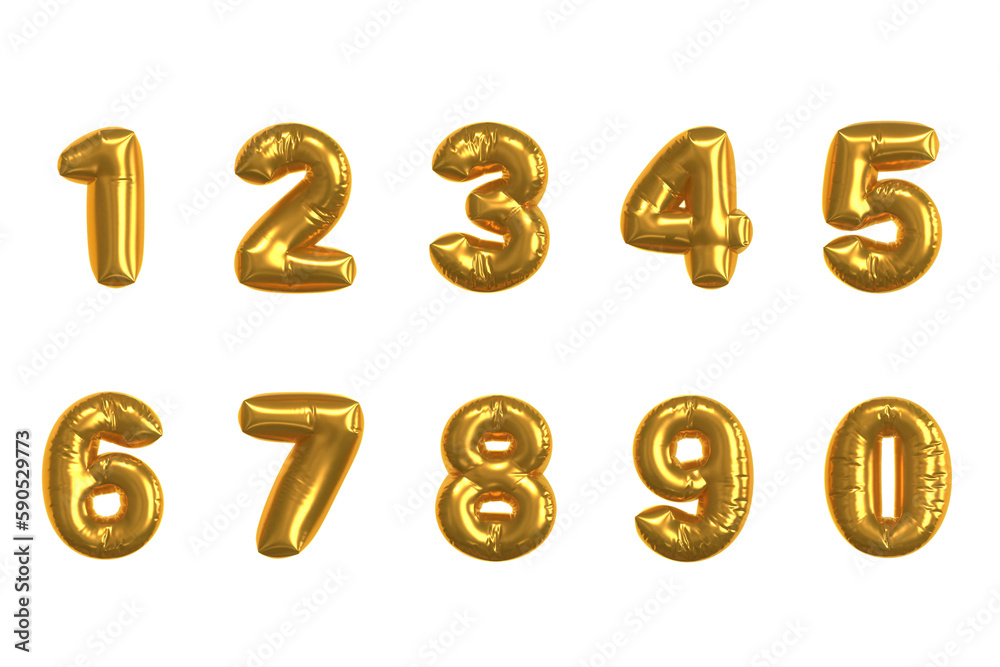 Set of golden 3D balloon numbers from 0 to 9 Set of golden 3D balloon numbers from 0 to 9