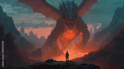 Man Standing in Front of Dragon Concept, Image Ai Generated