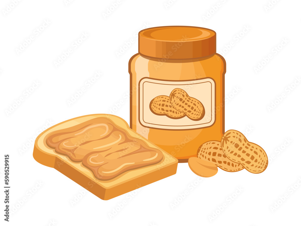 Toasted bread with peanut butter icon vector. Peanut butter jar and