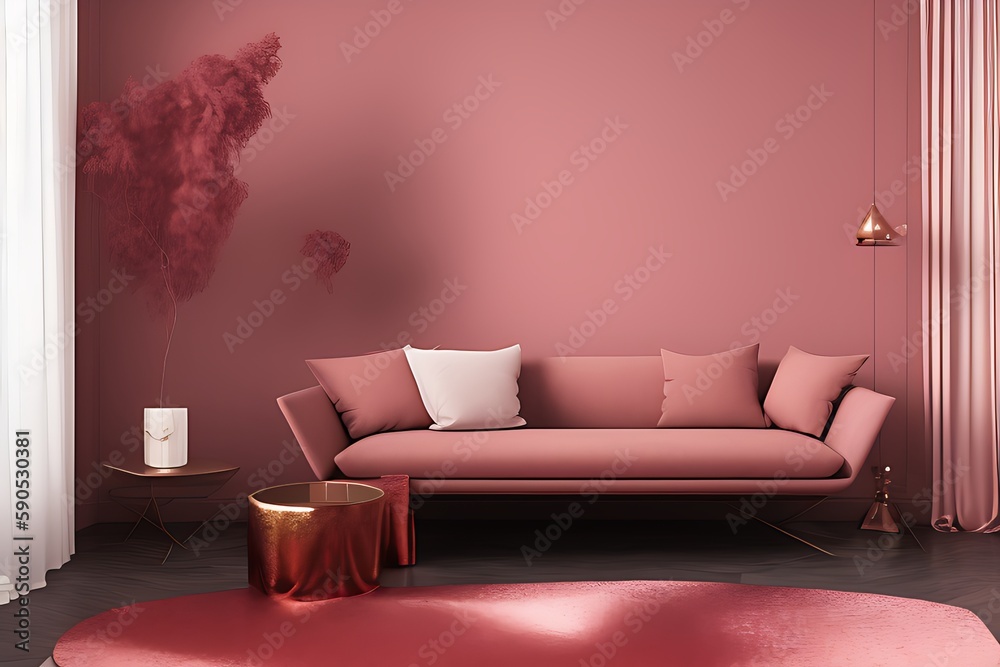 Fototapeta premium A Crimson Couch Coffee Table Potted Plant Vertical Blank Poster