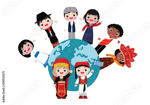 Kids national characters on earth, multiculturalism, traditional folk costumes.Different cultures stand.