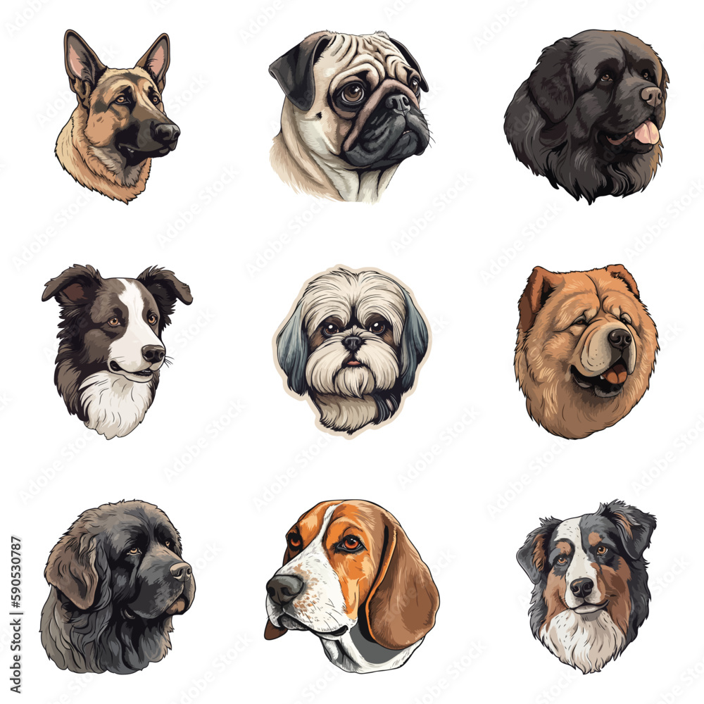 Obraz premium Dogs Flat Icon Set Isolated On White Background