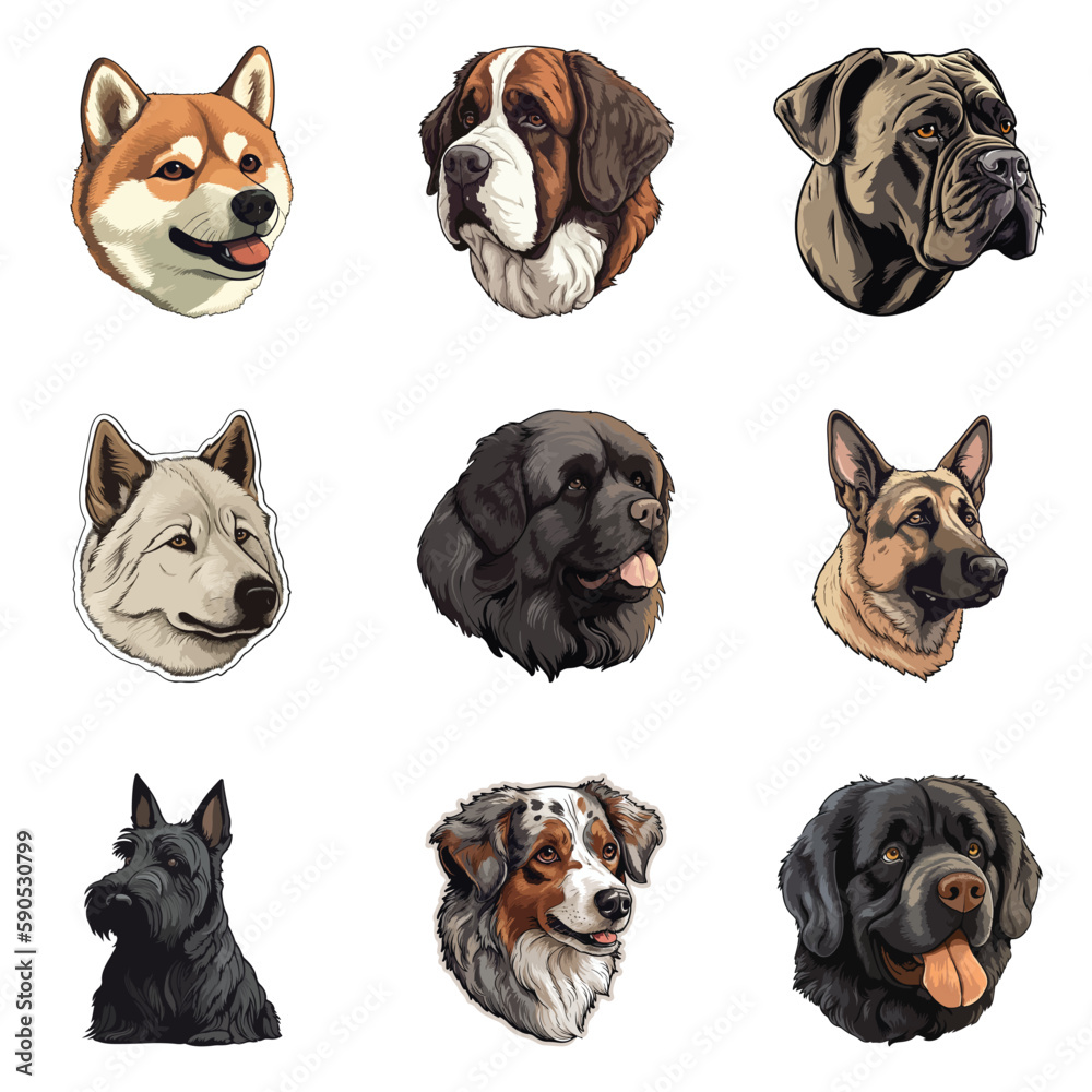 Obraz premium Dogs Flat Icon Set Isolated On White Background