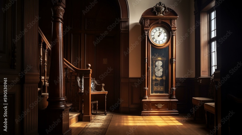 A classic grandfather clock with a wooden casing and a pendulum that