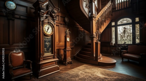 A classic grandfather clock with a wooden casing and a pendulum that swings back and forth  set against a backdrop of a grand staircase in a luxurious mansion. Generative AI