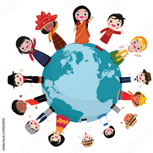 people national characters on earth, multiculturalism, traditional folk costumes.Different cultures stand.