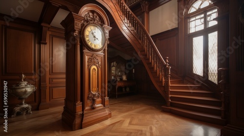 A classic grandfather clock with a wooden casing and a pendulum that swings back and forth, set against a backdrop of a grand staircase in a luxurious mansion. Generative AI