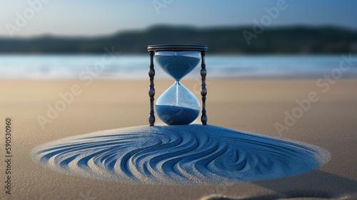 A unique sand clock with blue sand that trickles down in a mesmerizing pattern, set against a backdrop of a tranquil beach. Generative AI