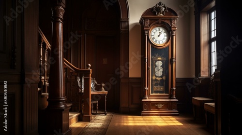 A classic grandfather clock with a wooden casing and a pendulum that swings back and forth, set against a backdrop of a grand staircase in a luxurious mansion. Generative AI photo