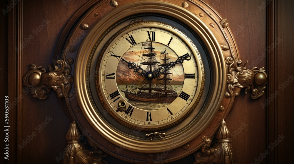 An antique ship's clock with a brass casing and a nautical design, set against a backdrop of a sailing ship on the high seas. Generative AI An antique ship's clock with a brass casing and a nautical design, set against a backdrop of a sailing ship on the high seas. Generative AI