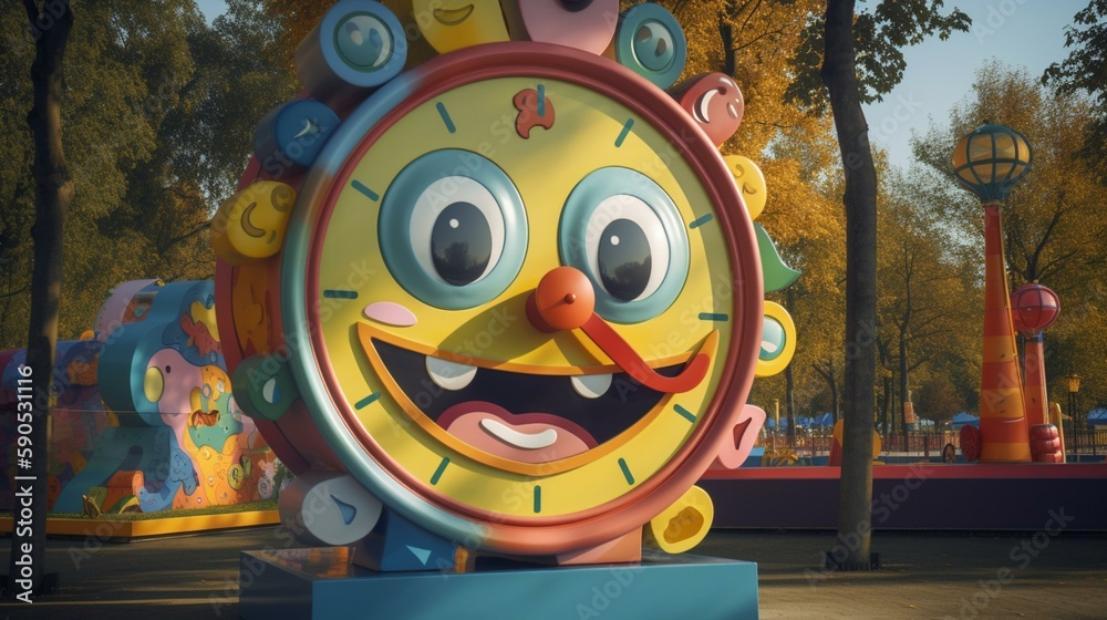 A playful cartoon clock with an animated face that changes expressions, set against a backdrop of a vibrant children's playground. Generative AI