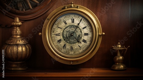 An antique ship's clock with a brass casing and a nautical design, set against a backdrop of a sailing ship on the high seas. Generative AI