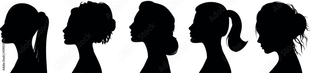 set of several female silhouettes in profile. vector on isolated background. turn. number. diversity young women for poster or text. elegant background as well.