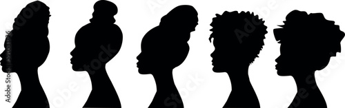 set of several female silhouettes in profile. vector on isolated background. turn. number. diversity young women for poster or text. elegant background as well.