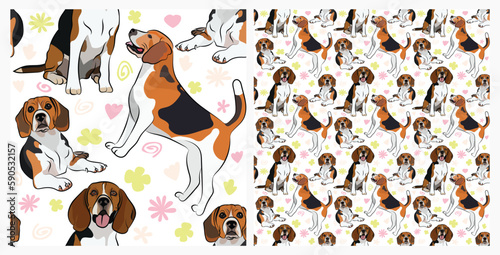 Spring pattern with spirals, leaf, flowers, 
Beagle dogs. Pastel colors. Elegant, soft seamless background, abstract summer pattern with hand-drawn colorful shapes. Delicate, gender-neutral, child's.