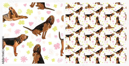 Spring pattern with spirals, leaf, flowers, 
Bloodhound dogs. Pastel colors. Elegant, soft seamless background, abstract summer pattern with hand-drawn colorful shapes. Delicate, gender-neutral, child