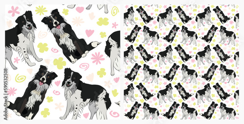 Spring pattern with spirals, leaf, flowers, 
border collie dogs. Pastel colors. Elegant, soft seamless background, abstract summer pattern with hand-drawn colorful shapes. Delicate, gender-neutral.