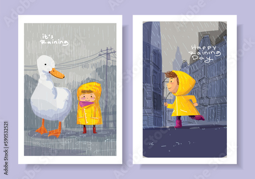 Cute child wear yellow raincoat in the rain background set. Outdoor cartoon icon character raining season hand drawn vector illustration.
