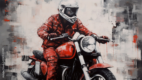 A painting of a red motorcyclist in a style of watercolors with an ink bleed effect, a motorcycle car painting