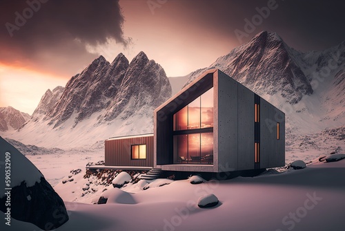 Stunning modern home nestled in a winter wonderland. Snow-covered landscape provides the perfect backdrop for this sleek and stylish house. Generative AI