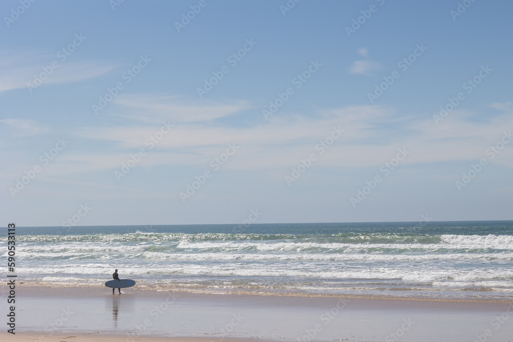 A lone surfer walks along the beach to the sea holding a board
