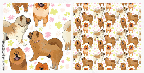 Spring pattern with spirals, leaf, flowers, 
chow chow dogs. Pastel colors. Elegant, soft seamless background, abstract summer pattern with hand-drawn colorful shapes. Delicate, gender-neutral, child.