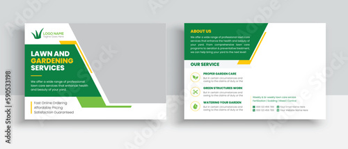 Lawn Mower Garden or Landscaping Service Postcard Template. Eddm Postcard Design, Event Card Design, Direct Mail Template, Invitation Design. leaflet, grass, equipment, gardener