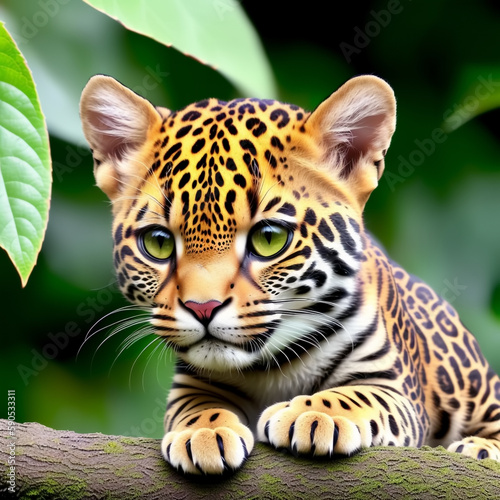 Cute and adorable little jaguar in jungle. Generative AI