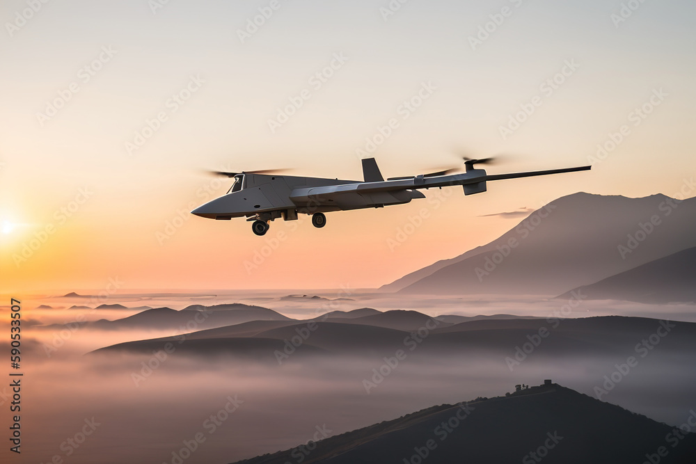 custom made wallpaper toronto digitalCombat drone in the sky on a mission, an unmanned aerial vehicle launches missiles at a target, Generative AI.