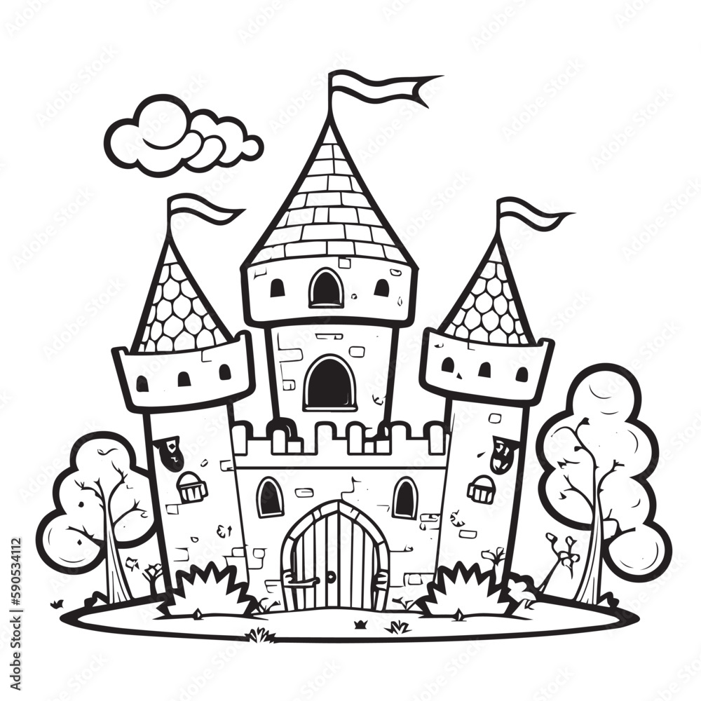 Beautiful and cute princess castle. Coloring book for children. Vector graphics.