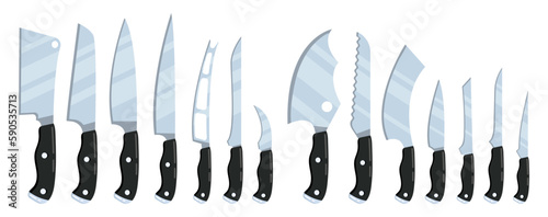 Kitchen knives set vector. Professional kitchen knives for cutting meat, vegetables., Kitchenware for cutting, blade cook for restaurants, cafes.