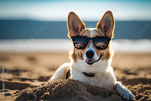 Dog Posing in Sunglasses at the Beach, Stylish Canine (Ai generated) © thesweetsheep