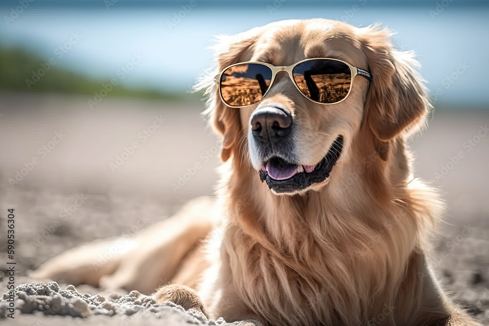 Golden Retriever Beach Fun: Posing in Sunglasses (Ai generated)