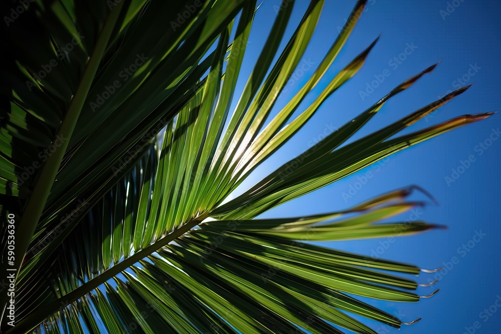 Fototapeta premium Green palm leaf against a blue sky (Ai generated)
