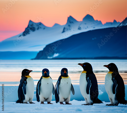 penguins standing on ice blocks  Illustration by Generative Ai